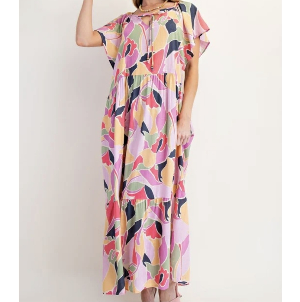 Easel Linen Blend Floral Multicolor Maxi Dress NWOT